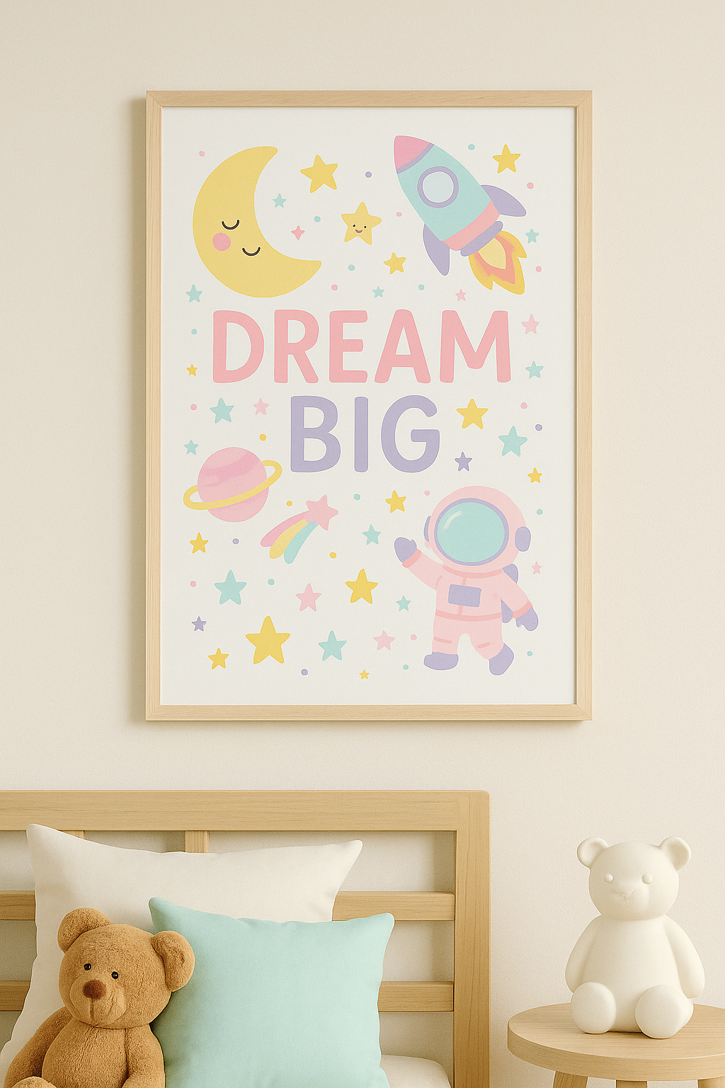 Dream Big Space Wall Art – Pastel Nursery Astronaut Print-0