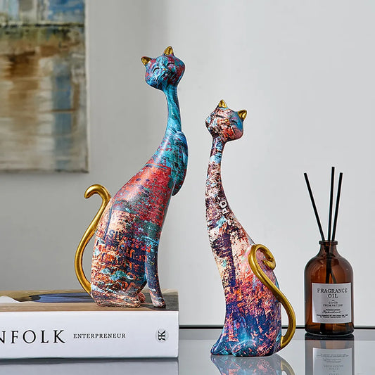 European Style 2pcs Oil Painting Cat Statues Animal Modern Sculpture Room Decoration Accessories Sculptures for Home Design Gift-1