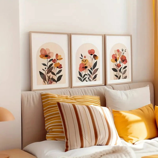 3pcs/Set Beige Bohemian-style Abstract Floral Print Art Canvas Poster Plant Autumn Bedroom Living Room Corridor Wall Decoration