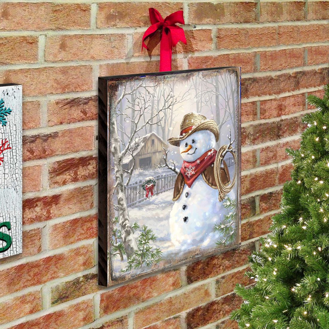 Cowboy Snowman Art Wooden Wall Art by D. Gelsinger - Christmas Santa Snowman Decor - 95604B-1541-4