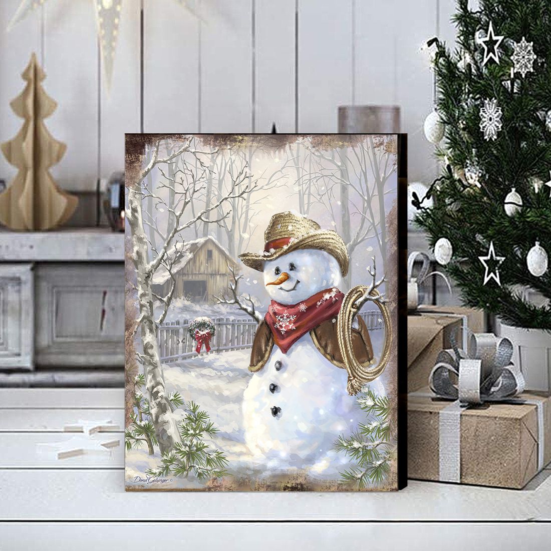 Cowboy Snowman Art Wooden Wall Art by D. Gelsinger - Christmas Santa Snowman Decor - 95604B-1541-1