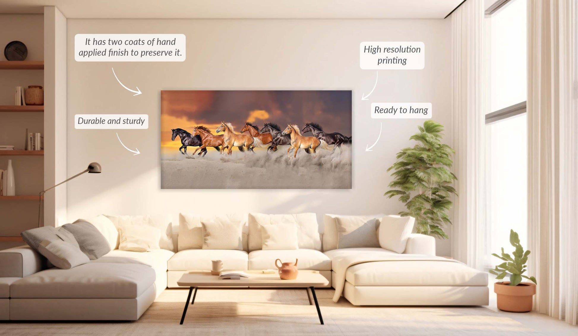 Team of 7 Horses- Wildlife Canvas Art - Gold varnish-3