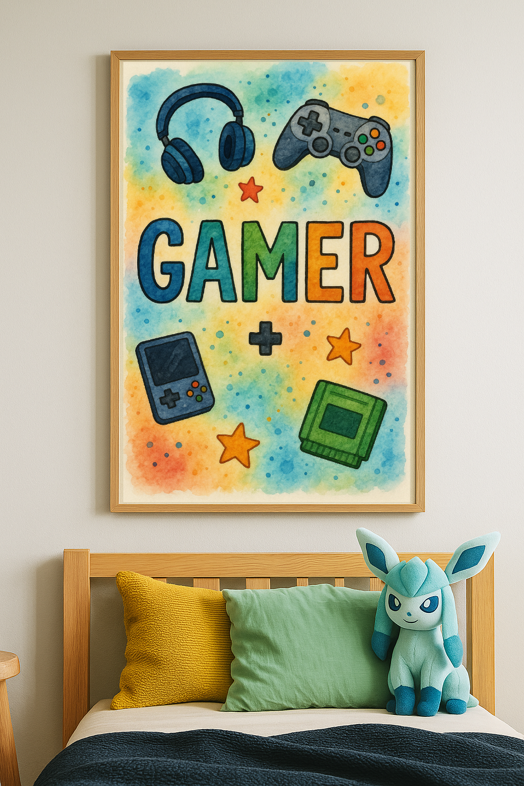 Colourful Gamer Wall Art – Kids Gaming Print with Controllers & Headphones-0