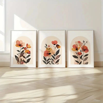 3pcs/Set Beige Bohemian-style Abstract Floral Print Art Canvas Poster Plant Autumn  Bedroom Living Room Corridor Wall Decoration