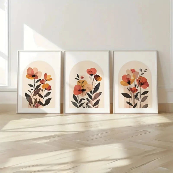 3pcs/Set Beige Bohemian-style Abstract Floral Print Art Canvas Poster Plant Autumn  Bedroom Living Room Corridor Wall Decoration