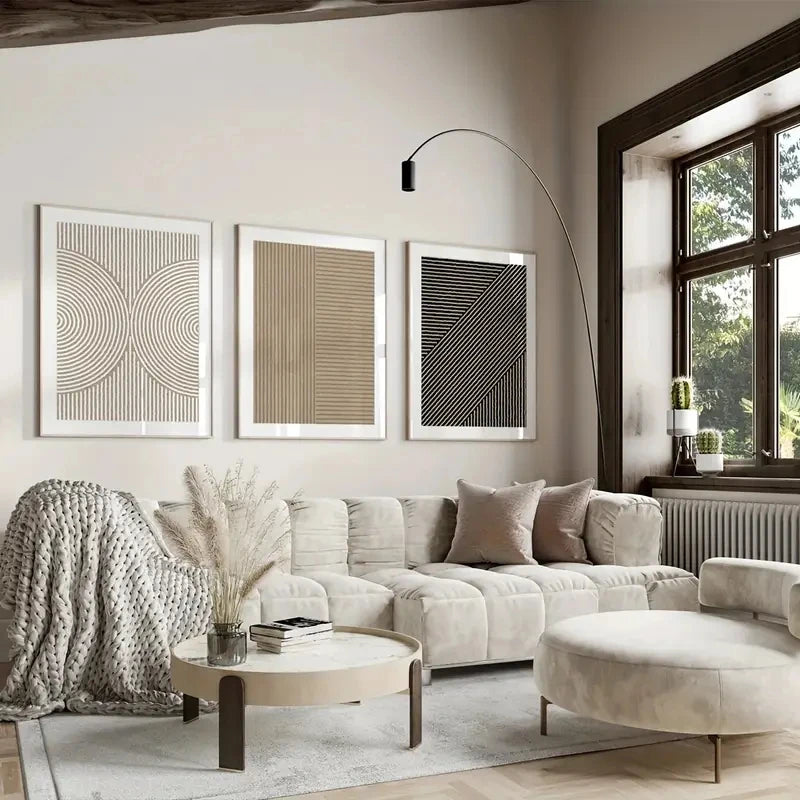 3pcs/Set Modern Neutral Abstract Wall Art, Beige Simple Line Canvas Poster Printing, Living Room, Bedroom and Home Decoration