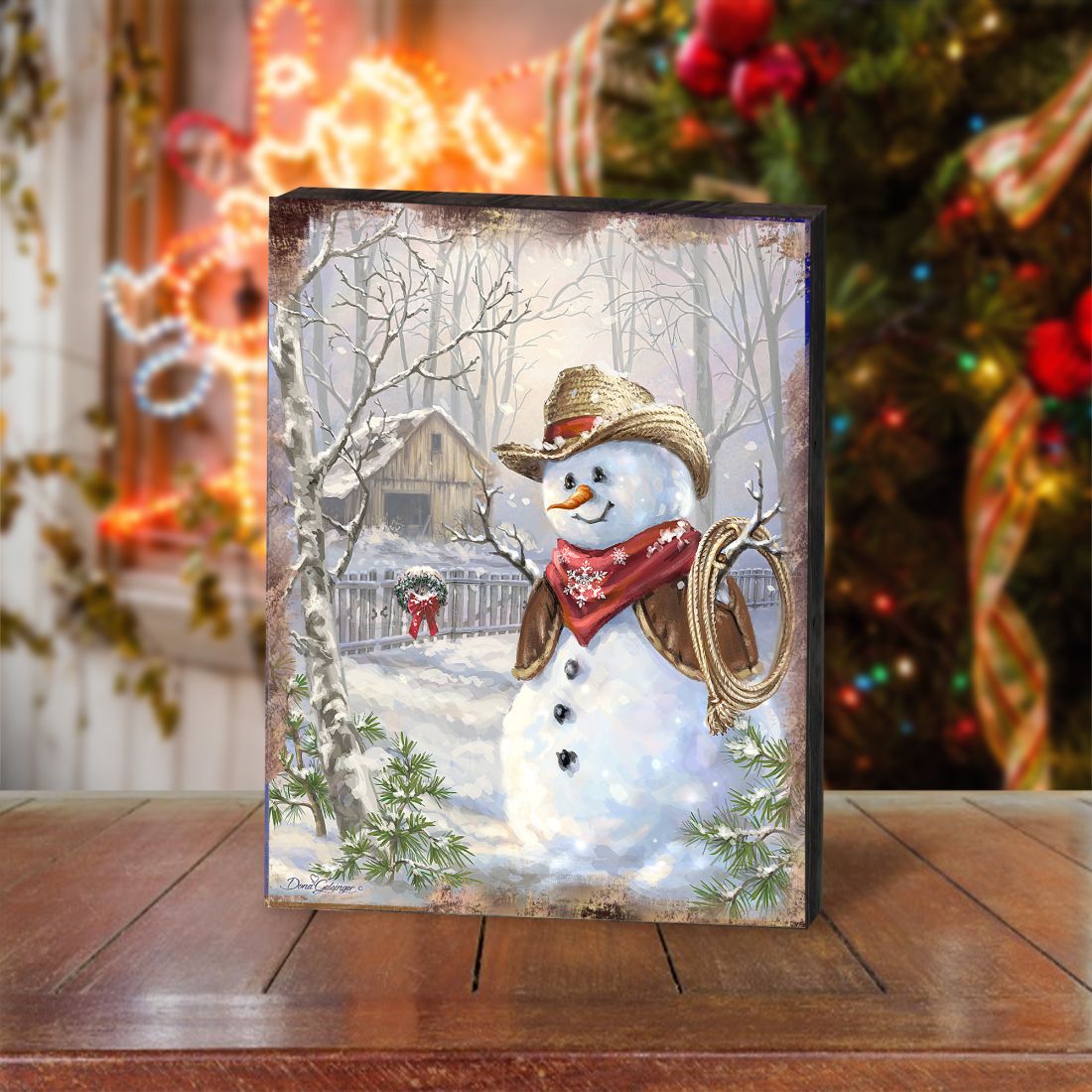 Cowboy Snowman Art Wooden Wall Art by D. Gelsinger - Christmas Santa Snowman Decor - 95604B-1541-3