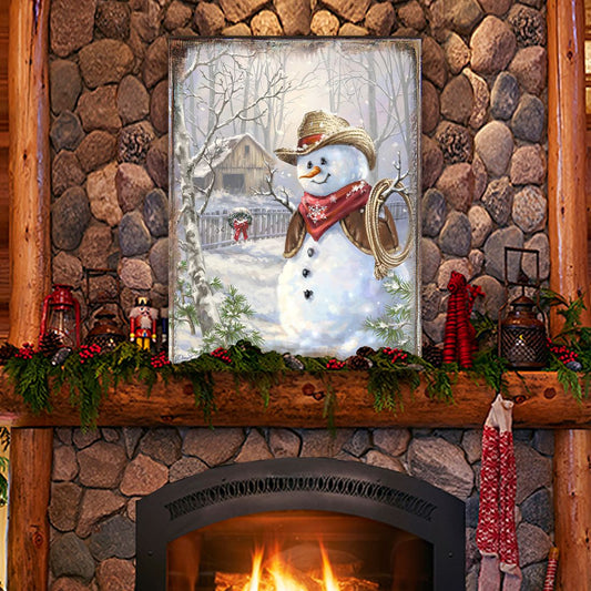 Cowboy Snowman Art Wooden Wall Art by D. Gelsinger - Christmas Santa Snowman Decor - 95604B-1541-0