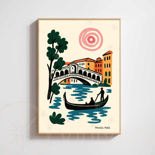 Affiche Venise – Pont du Rialto & Gondole | Poster voyage Italie style Matisse moderne | Décoration murale Venezia-0